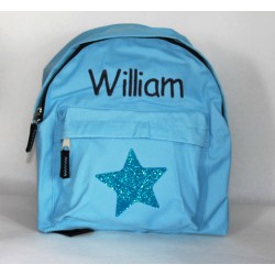 Lyseblå børnehave rygsæk med stjerne og navn på