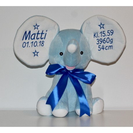 Lyseblå elefant bamse med navn på