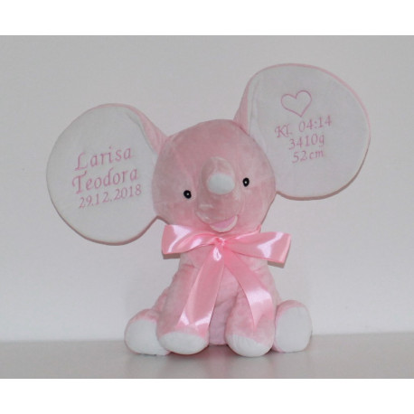 CUbbies Lyserød elefant med navn og fødselsdato.