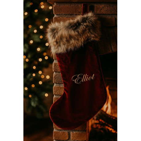 Luksus velour Julestrømpe i rød med navn og lang pels