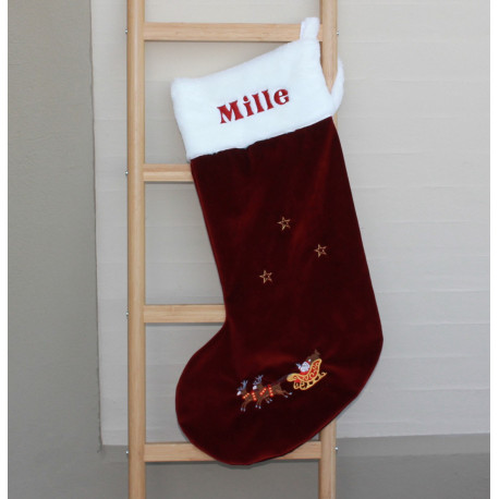 Stor luksus julestrømpe i mørkerød velour med navn broderet på.