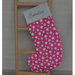 Håndlavet pink julesok med stjerner – personlig brodering