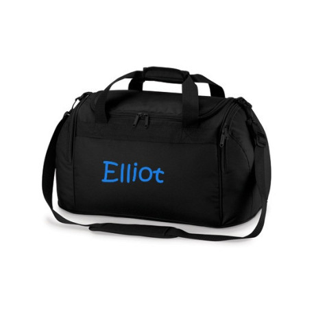 Stor sort sportstaske med broderet navn på siden – personlig og rummelig taske i kraftig polyester med aftagelig skulderrem.